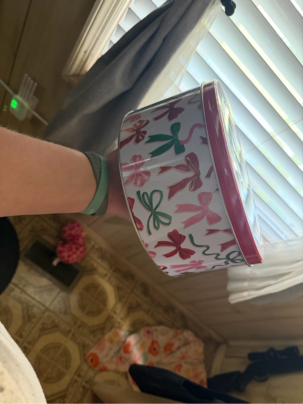 Hobby Lobby Pink and Green Bow Tin Canister